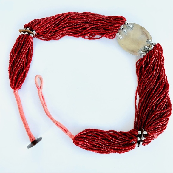 Vintage Hand Made Ethnic Tibetan Beaded Belt Red Seed Bead - Picture 4 of 16